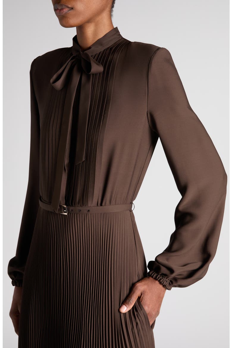 Lavalliere Pleated Long Sleeve Shirtdress, Alternate, color, MUSK
