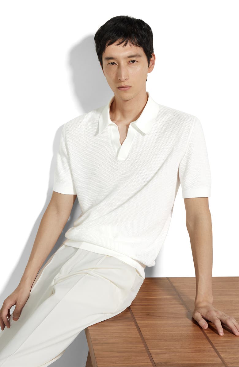ZEGNA Waffle Stitch Cotton Polo Sweater, Alternate, color, Natural Solid