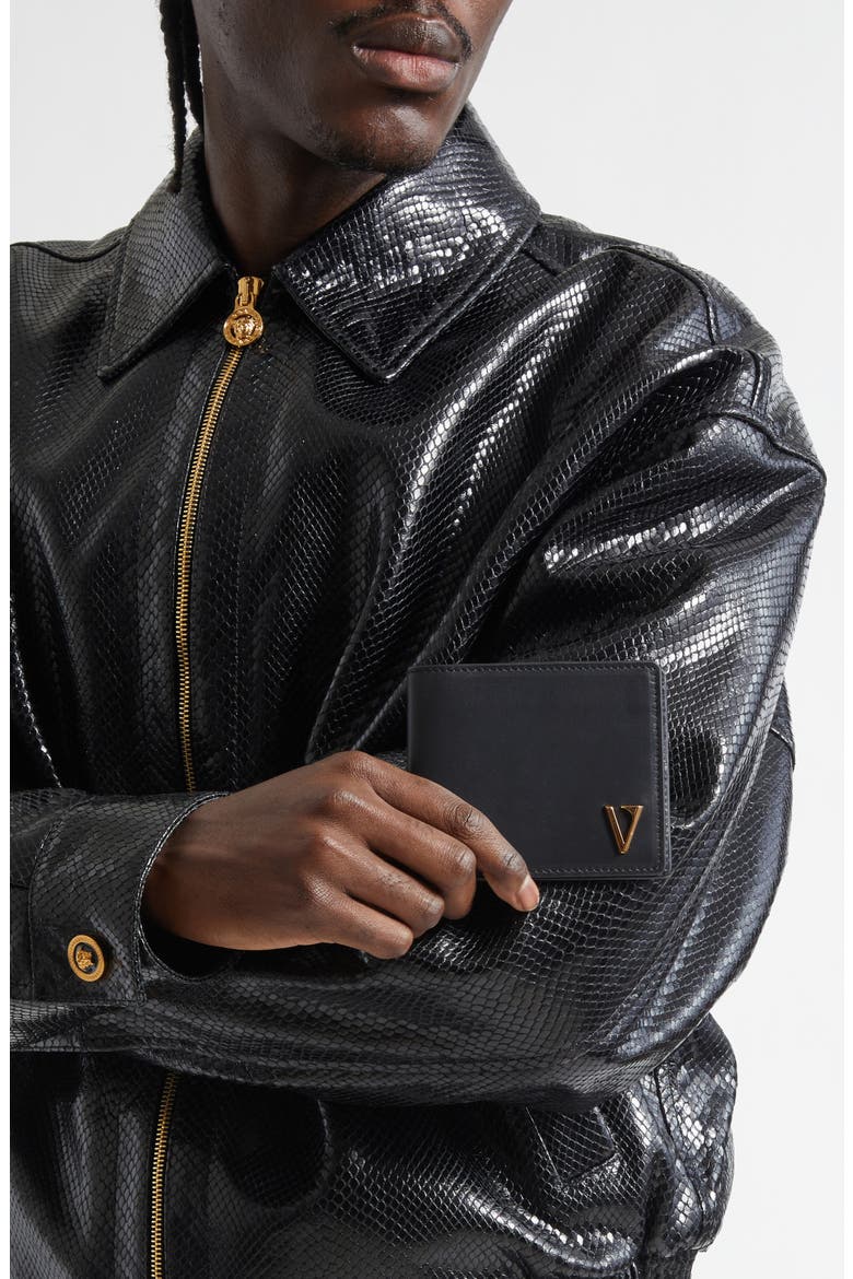 V-Emblem Leather Bifold Wallet, Alternate, color, BLACK-VERSACE GOLD