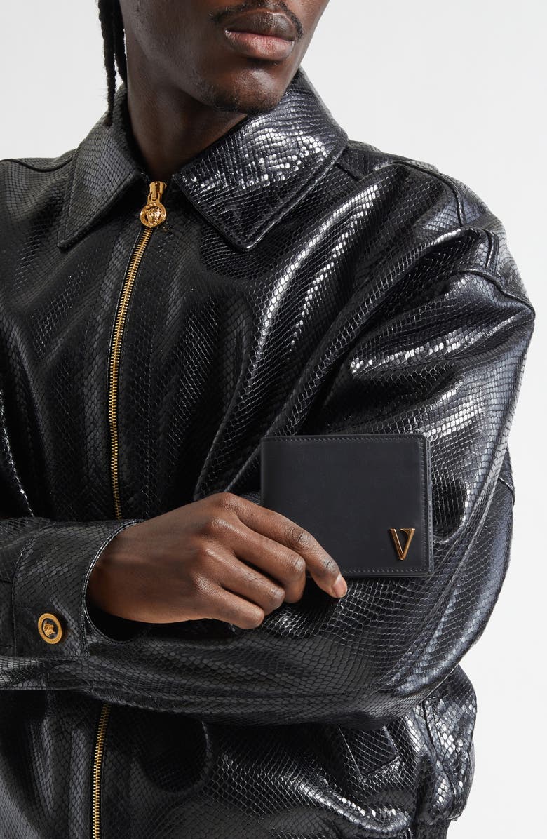 Versace V-Emblem Leather Bifold Wallet, Alternate, color, Black-Versace Gold