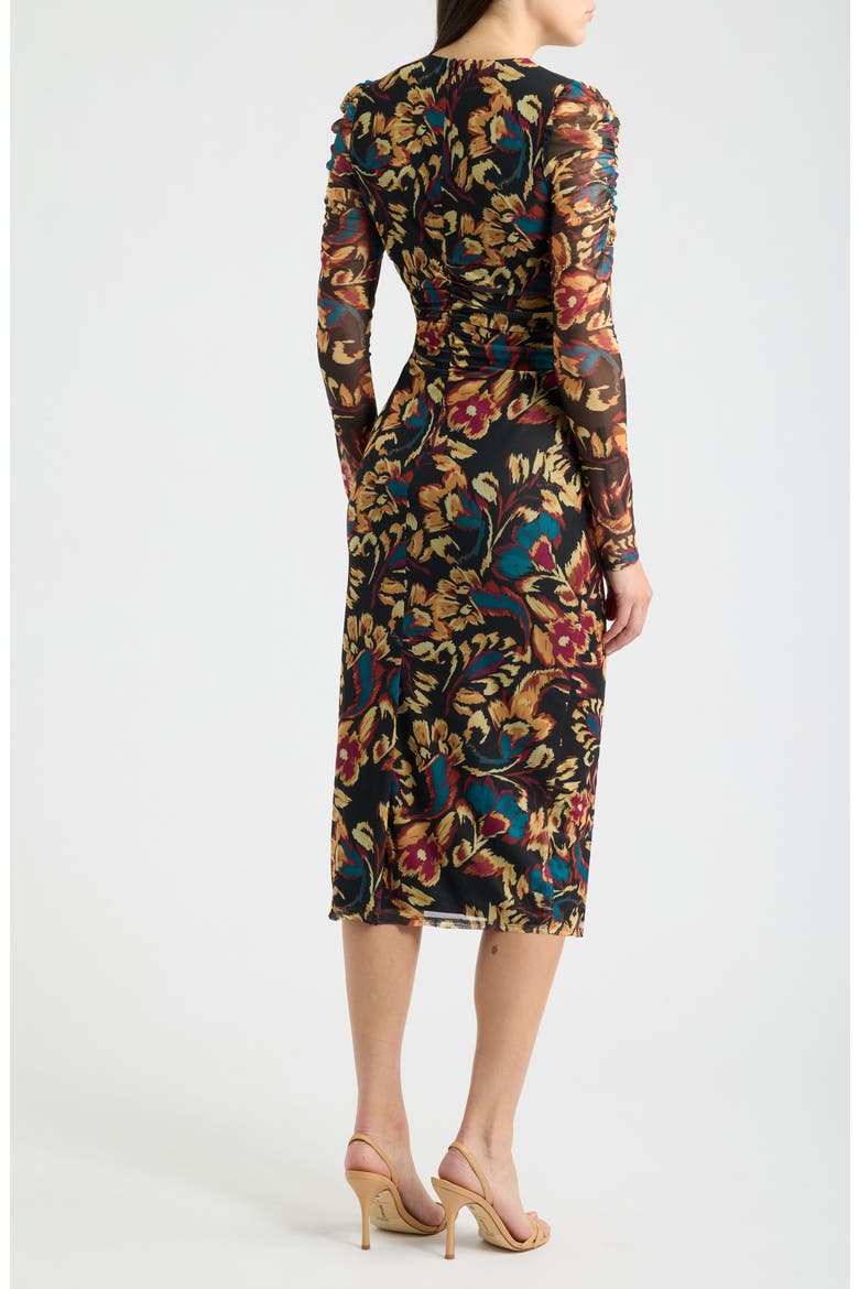 Floral Print Long Sleeve Mesh Midi Dress, Alternate, color, BLACK MULTI