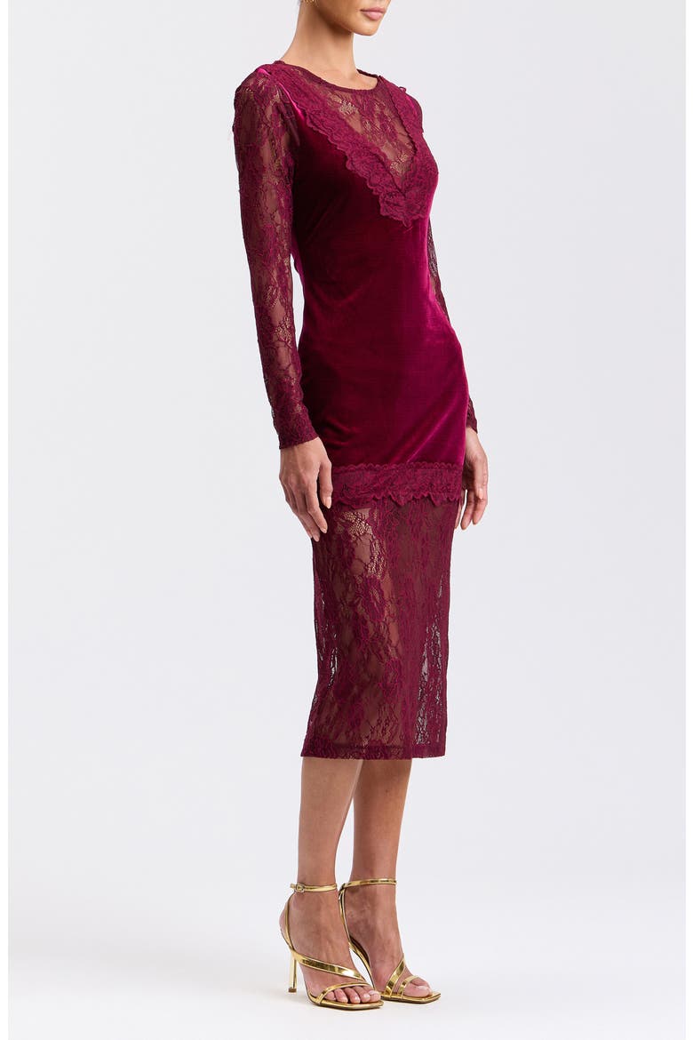 Lace & Velvet Midi Dress, Alternate, color, BURGUNDY