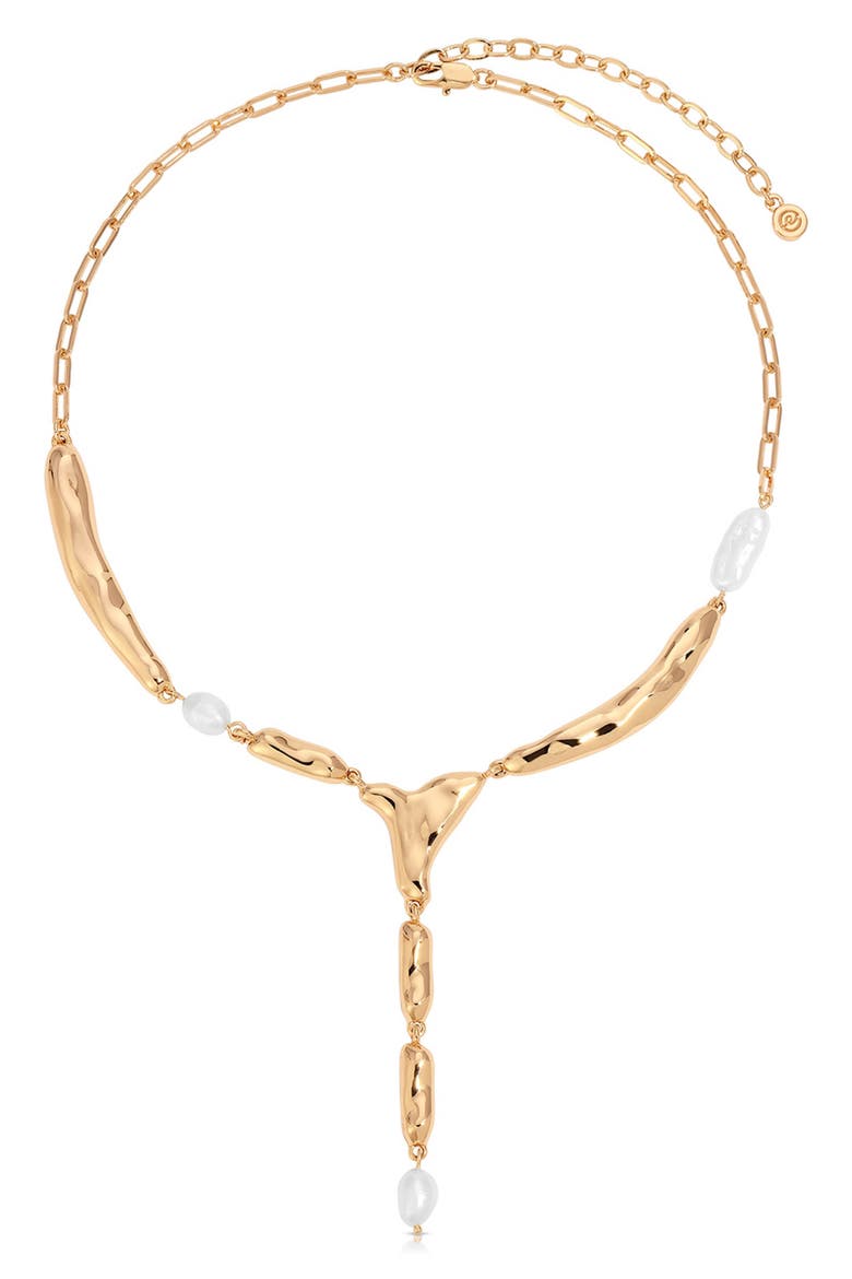 Liquid Metal & Freshwater Pearl Y-Necklace, Main, color, GOLD