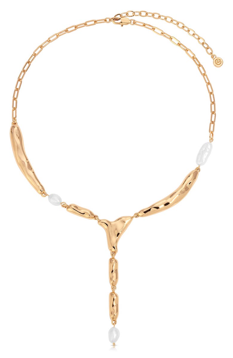 Ettika Liquid Metal & Freshwater Pearl Y-Necklace, Main, color, Gold