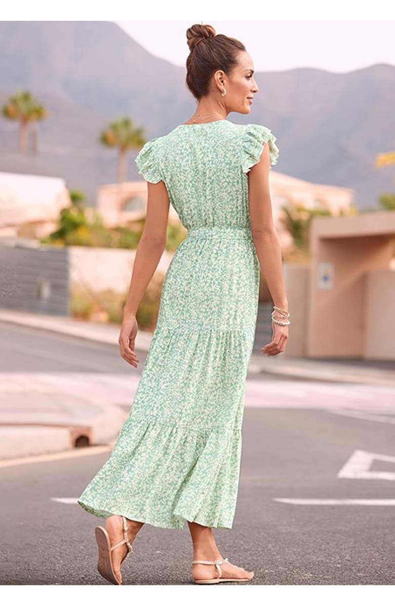 LASCANA Women's Flutter Sleeve Maxi Dress, Alternate, color, Green Patterned