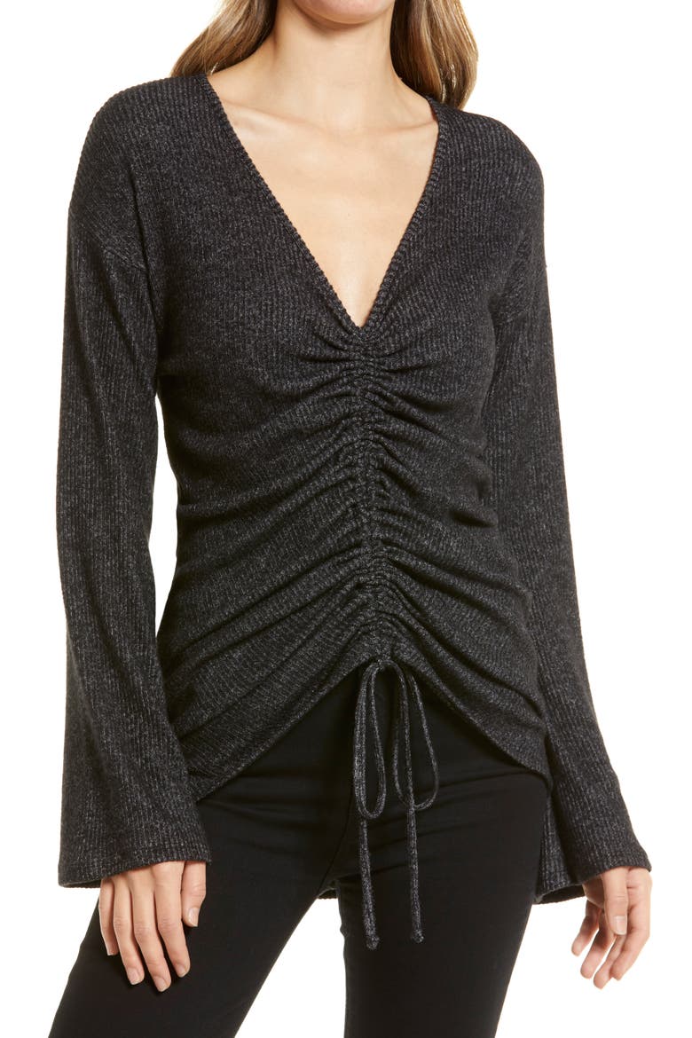 Ruched Front Long Sleeve Shirt, Main, color, BLACK