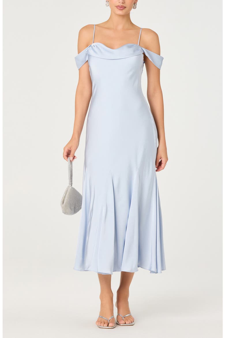 Araxie Cold Shoulder Satin Midi Dress, Main, color, LIGHT BLUE