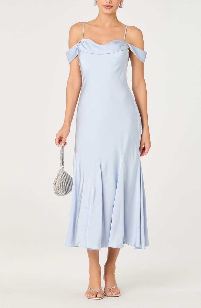 ASTR the Label Araxie Cold Shoulder Satin Midi Dress, Main, color, Light Blue