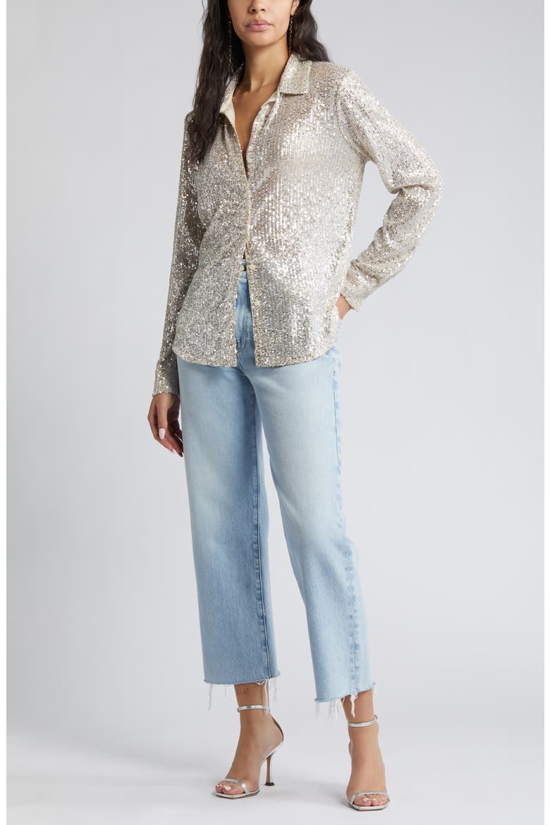 Sequin Button-Up Shirt, Alternate, color, SILVER