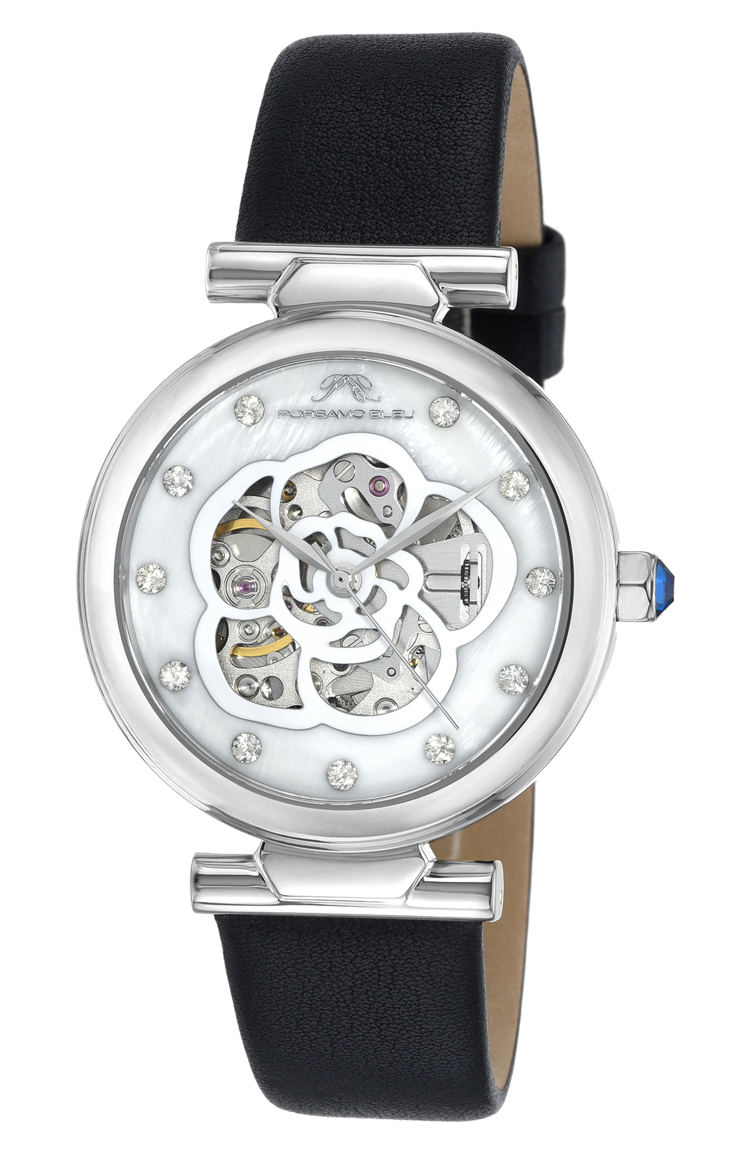 PORSAMO BLEU Laura White Topaz Automatic Leather Strap Watch, 36mm