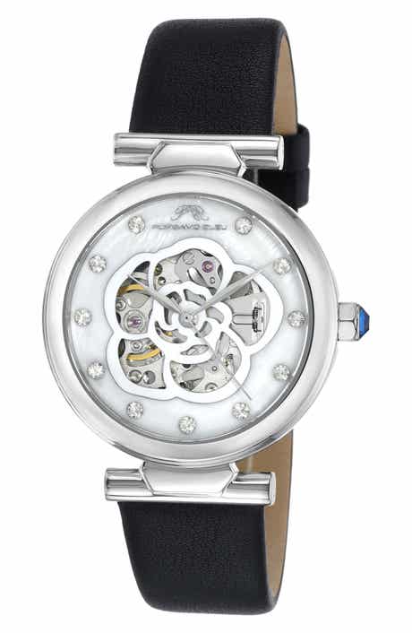 PORSAMO BLEU Laura White Topaz Automatic Leather Strap Watch, 36mm