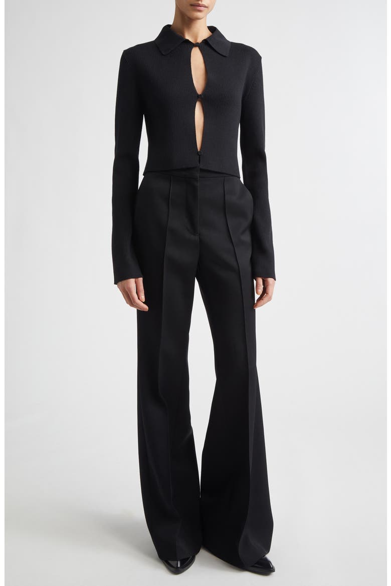 Pintucked Wool Grain de Poudre Flare Trousers, Alternate, color, BLACK