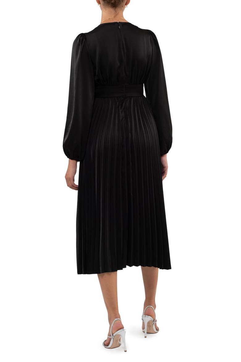 Empire Waist Pleated Satin Midi Dress, Alternate, color, BLACK