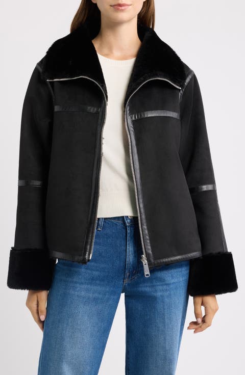 Faux Fur Trim Oversized Faux Suede Jacket