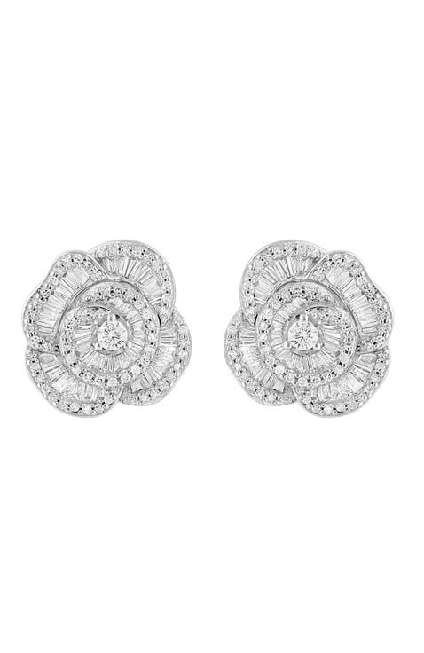Diamond Flower Cluster Stud Earrings in 14K White Gold