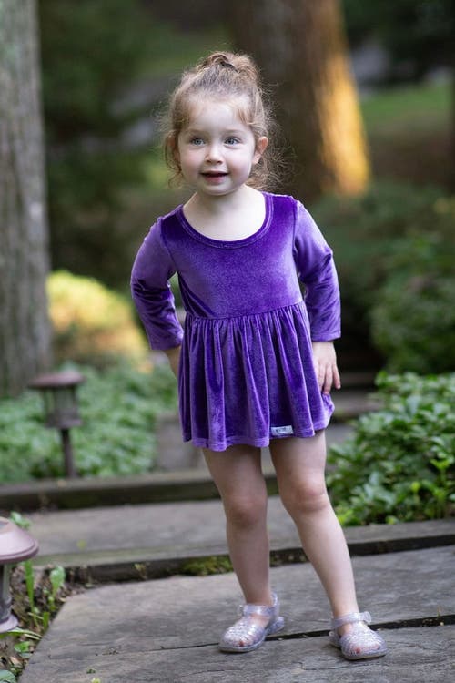 Worthy Threads Stretch Velvet Long Sleeve Bubble Romper In Purple