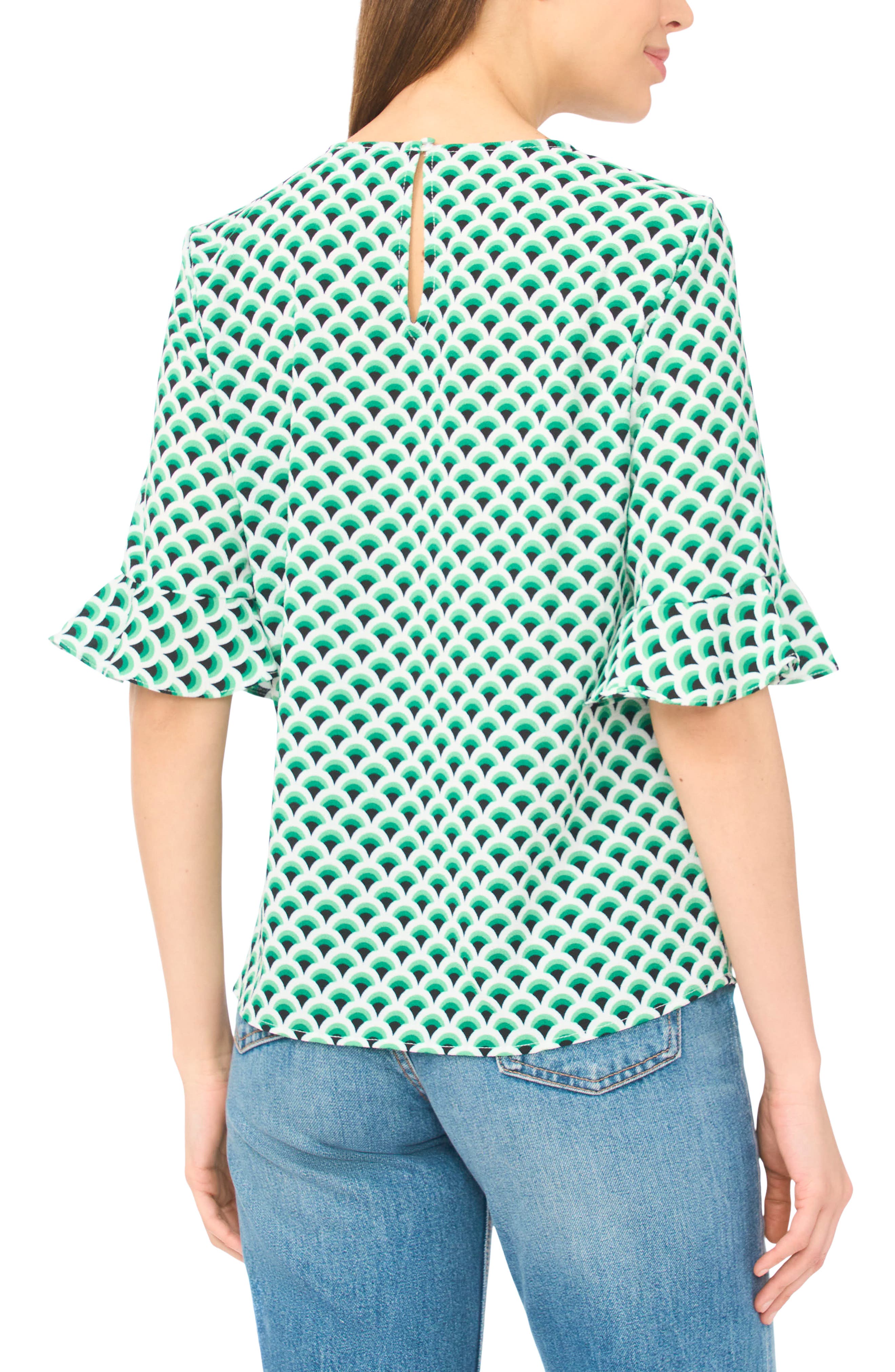 Fan Print Ruffle Cuff Top - image 2