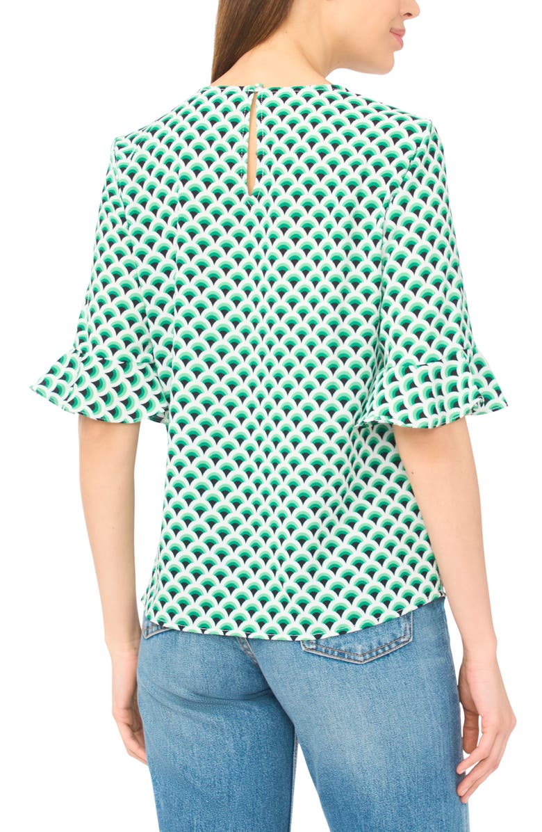CeCe Fan Print Ruffle Cuff Top, Alternate, color, Holly Green