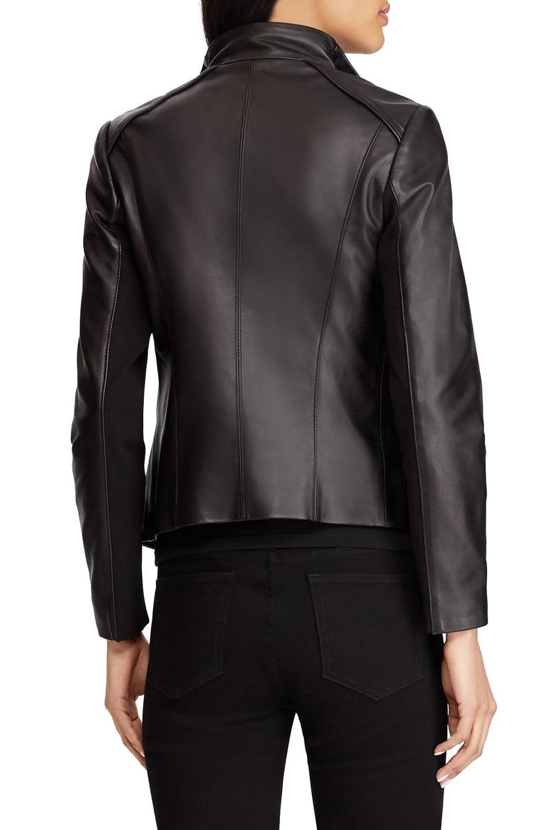 Drape Front Leather Moto Jacket, Alternate, color, BLACK