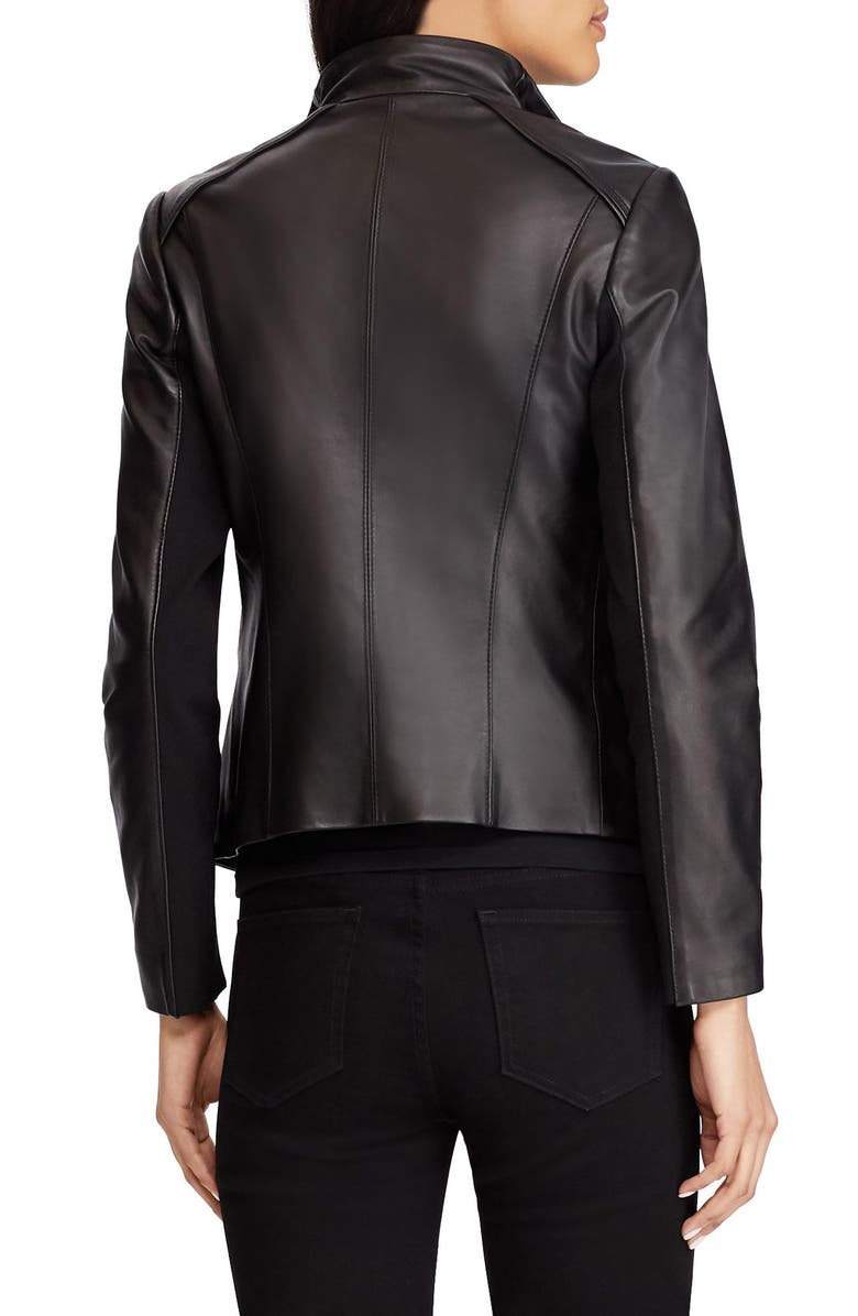 Lauren Ralph Lauren Drape Front Leather Moto Jacket, Alternate, color, 