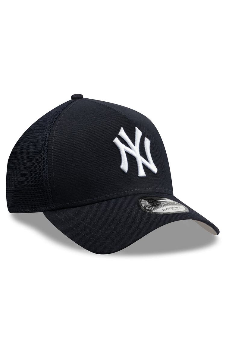 Men's New Era Navy New York Yankees Side Script 9FORTY A-Frame Trucker Adjustable Hat, Alternate, color, Navy