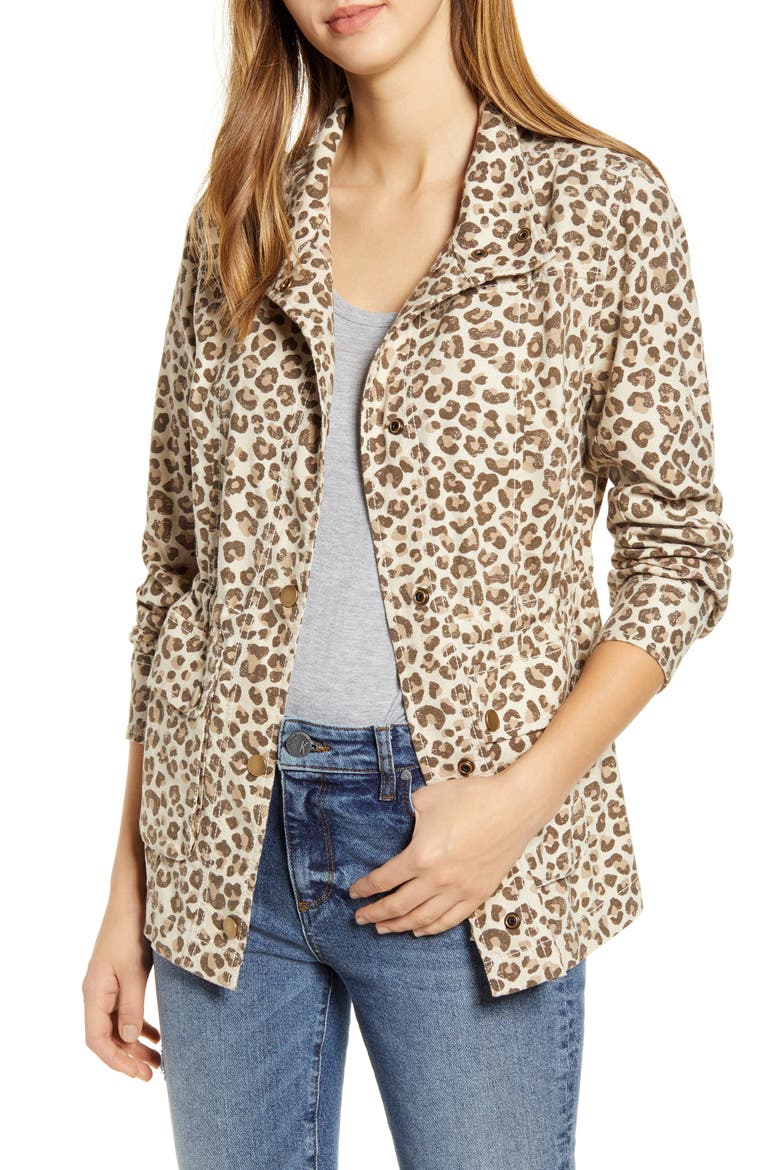 Cinch Waist Linen Blend Utility Jacket, Main, color, BEIGE OYSTER LEOPARD DISTRESS