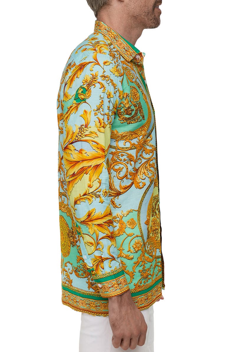 RANEES Extra Trim Fit Print Linen & Cotton Button-Up Resort Shirt, Alternate, color, Yellow Multi