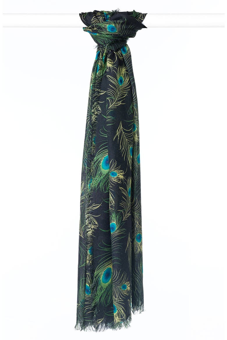 Peacock Print Scarf, Main, color, BLACK