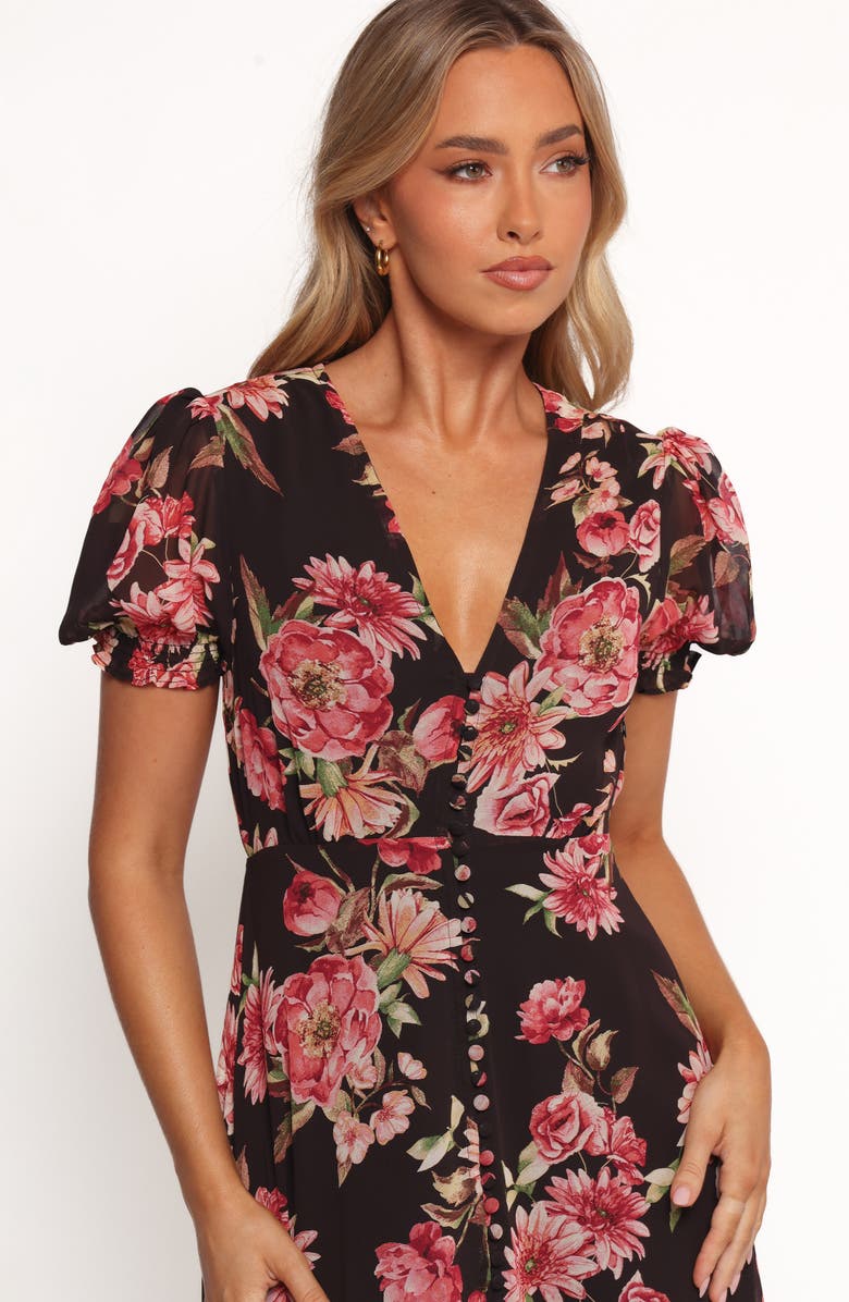 Petal & Pup Logen Floral Puff Sleeve Midi Dress, Alternate, color, Black Floral
