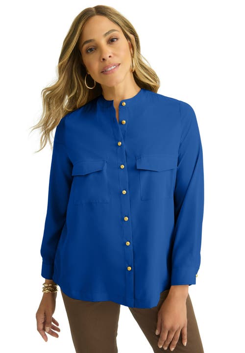 Jessica London Button-front Chest Pocket Blouse In Blue