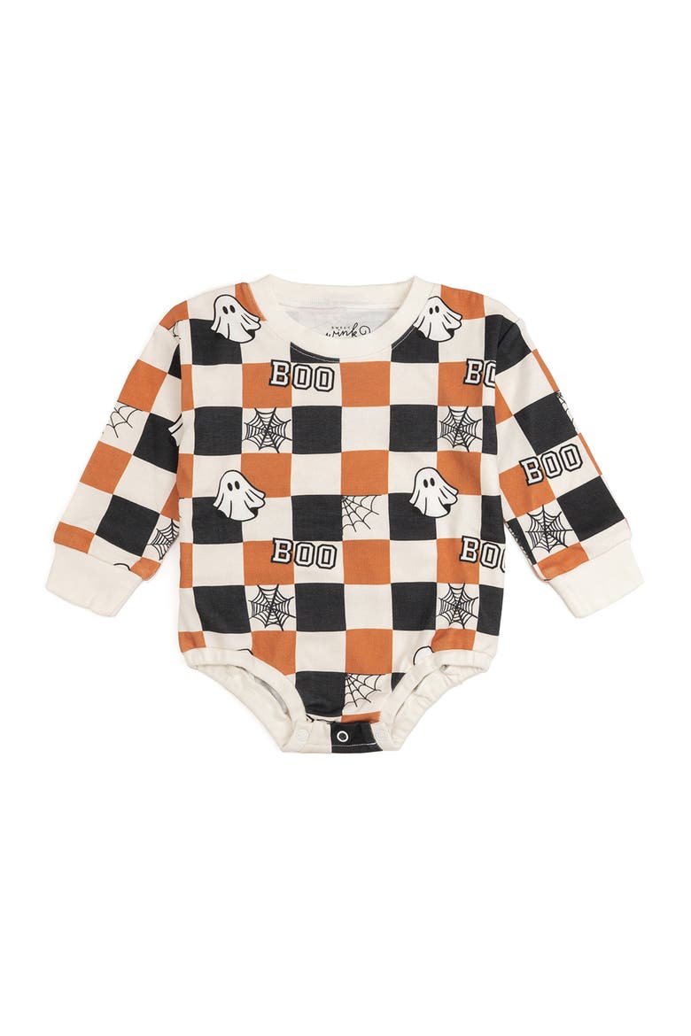 Boo Checkered Halloween Long Sleeve Romper, Main, color, Natural