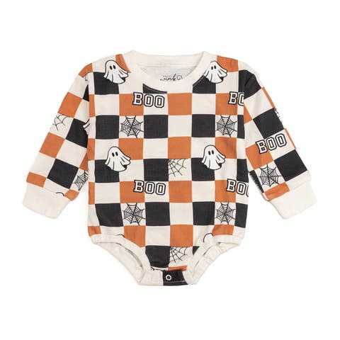 Boo Checkered Halloween Long Sleeve Romper
