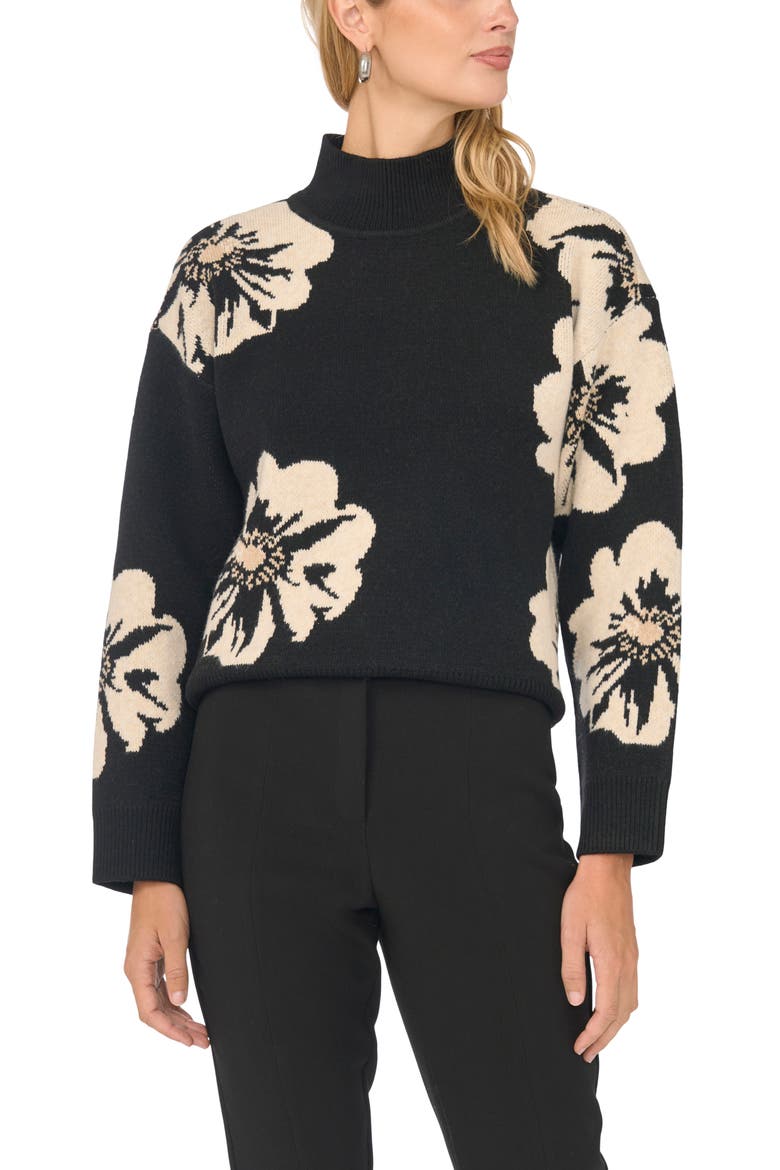 Floral Jacquard Mock Neck Sweater, Main, color, RICH BLACK