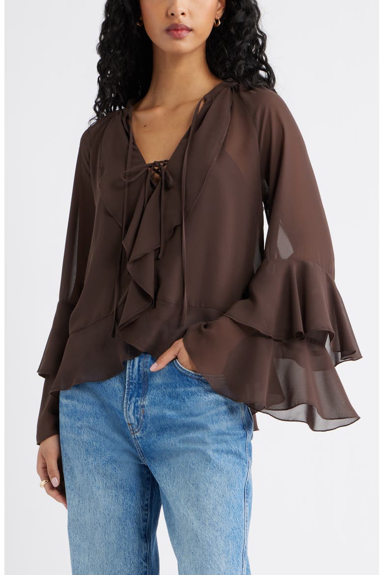 Chiffon Ruffle Trim Top, Main, color, BROWN SEAL
