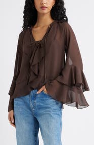 Open Edit Chiffon Ruffle Trim Top