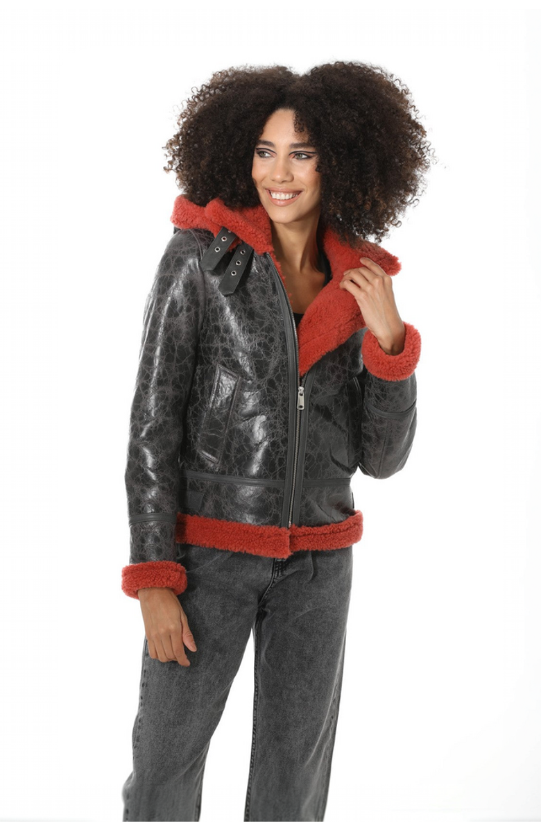 Furniq UK Celeste Sheepskin Jacket, Main, color, Dark Grey