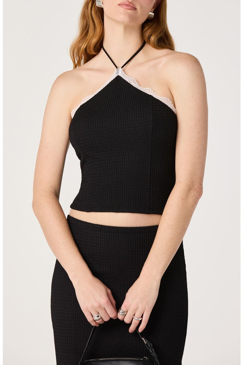 Milana Lace Detail Rib Halter Top, Alternate, color, BLACK