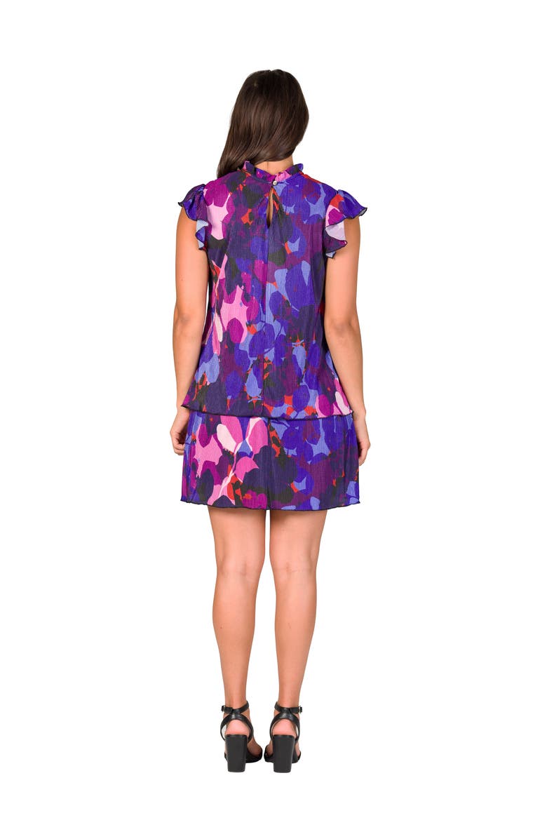 24seven Comfort Apparel Petites Multicolor Ruffle Cap Sleeve High Neck Tiered Mini Dress, Alternate, color, Pink Multi