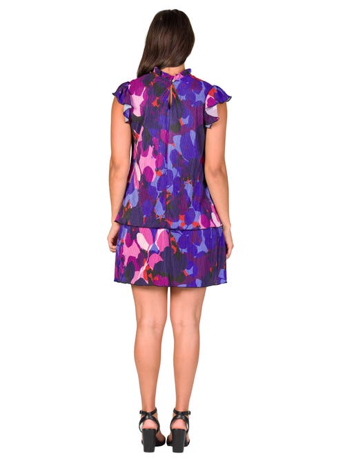 24seven Comfort Apparel Petites Multicolor Ruffle Cap Sleeve High Neck Tiered Mini Dress In Blue