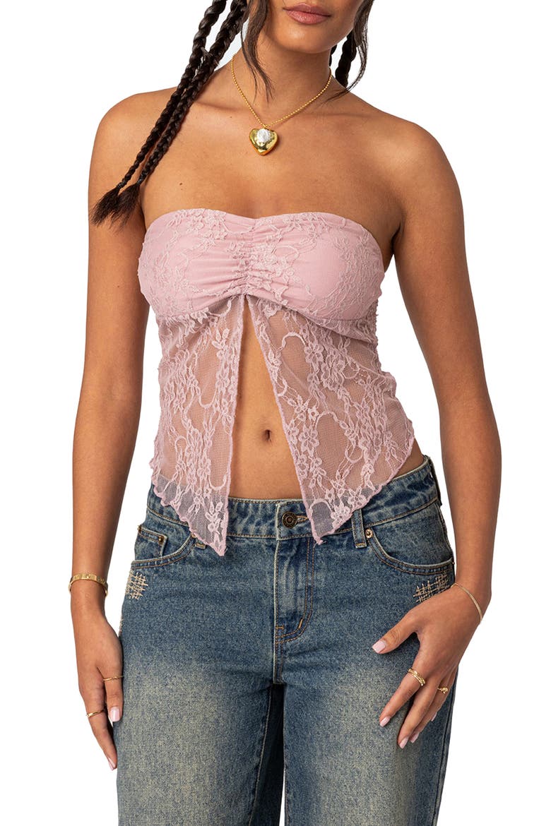 Twilight Strapless Lace Split Front Crop Top, Main, color, LIGHT-PINK