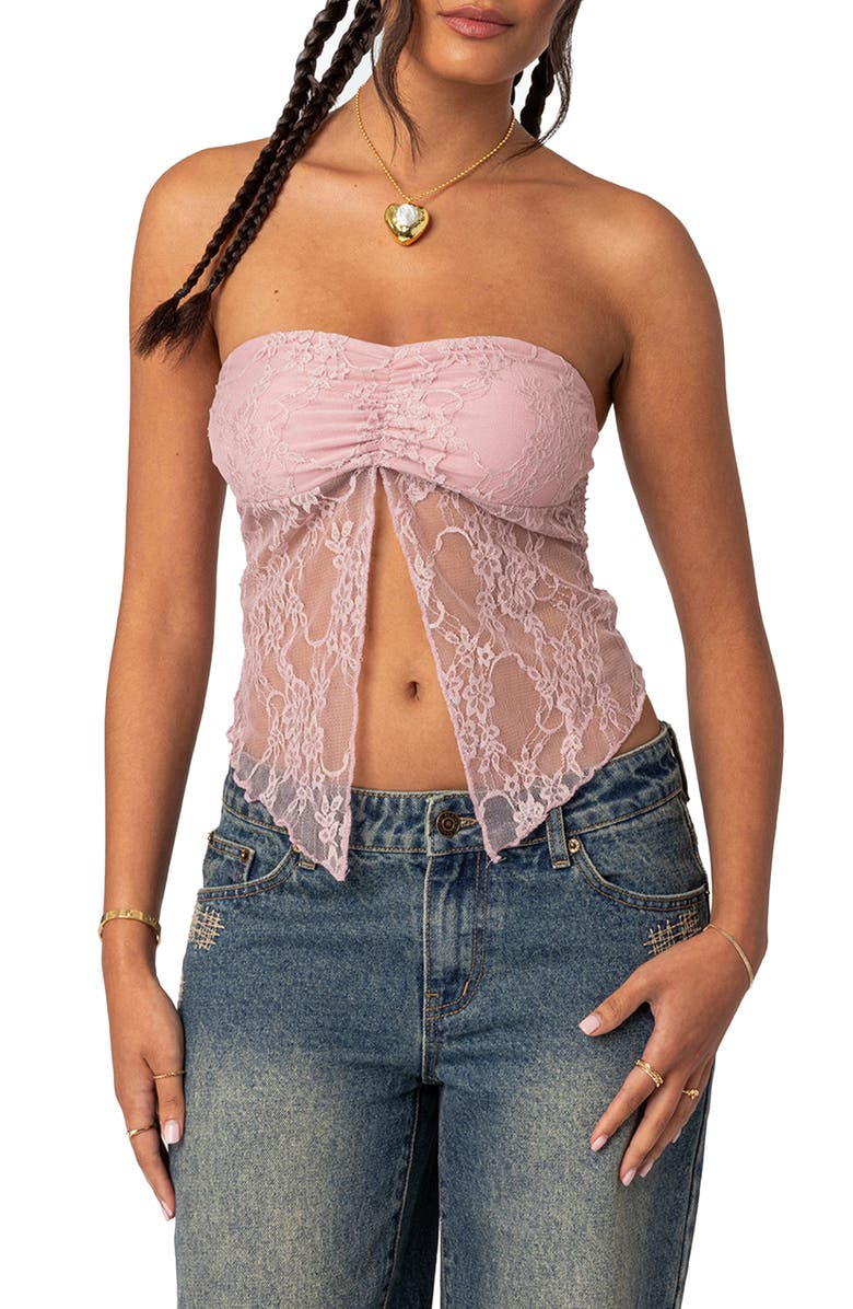 EDIKTED Twilight Strapless Lace Split Front Crop Top, Main, color, Light-Pink