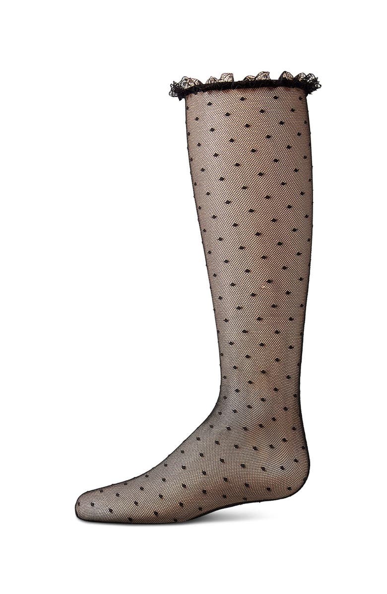 MeMoi Lace Trimmed Dot Mesh Knee Sock, Main, color, Black