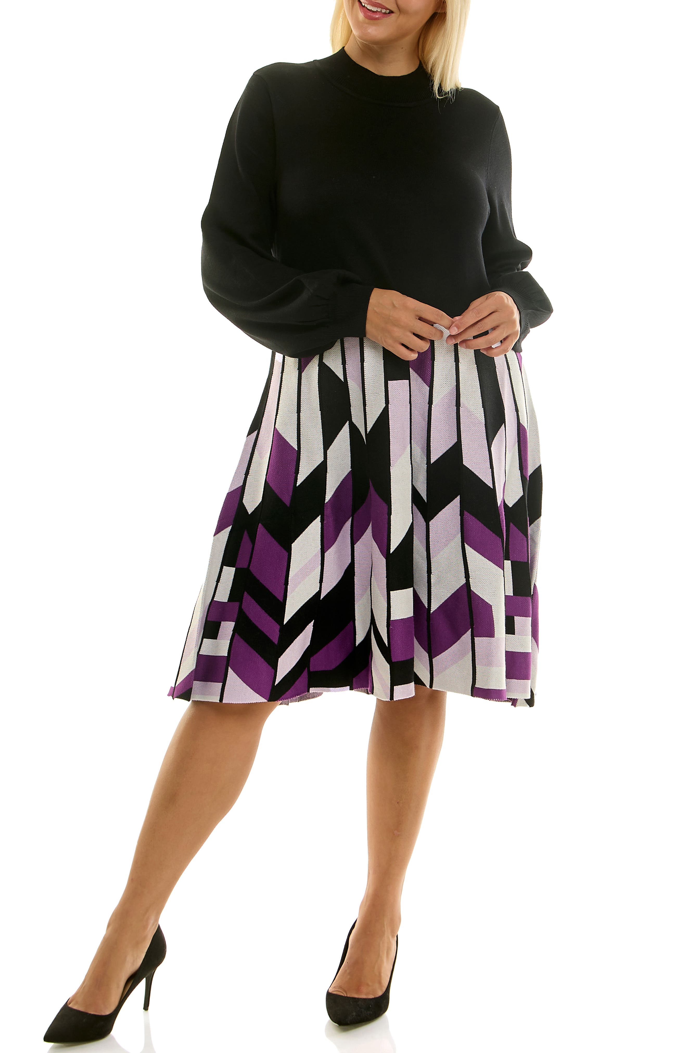 Nina Leonard Mock Neck Long Sleeve Mixed Media Dress