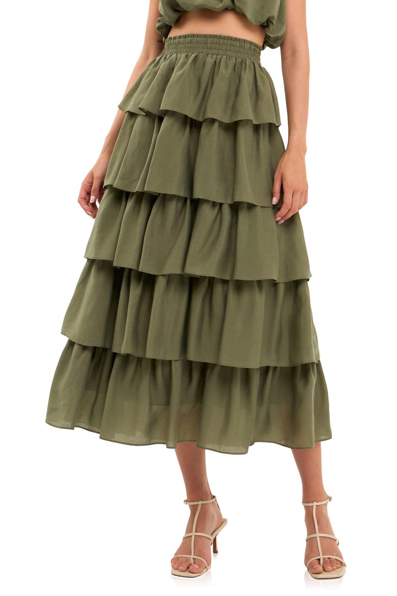 Ruffle Tiered Midi Skirt, Main, color, OLIVE