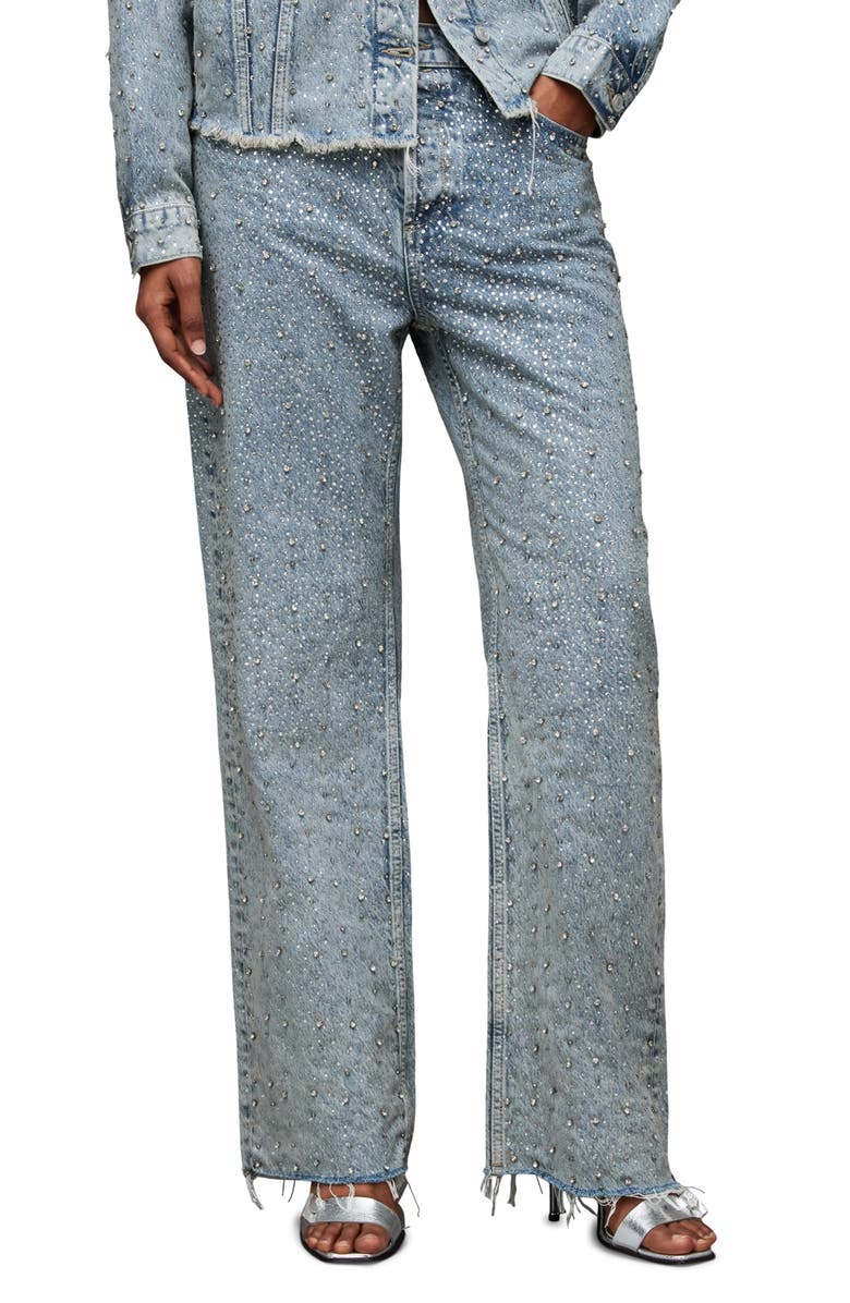 AllSaints Wendel Crystal Fray Hem Straight Leg Jeans, Main, color,
