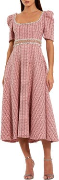 Mac Duggal Puff Sleeve Boucle Midi Dress With Beaded Belt