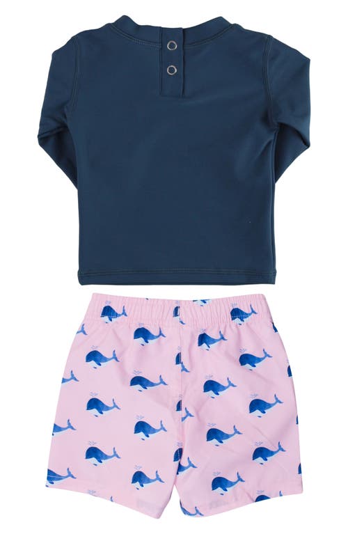 Ruggedbutts Short Sleeve Rashguard & Whale Print Swim Trunks Set In Pink
