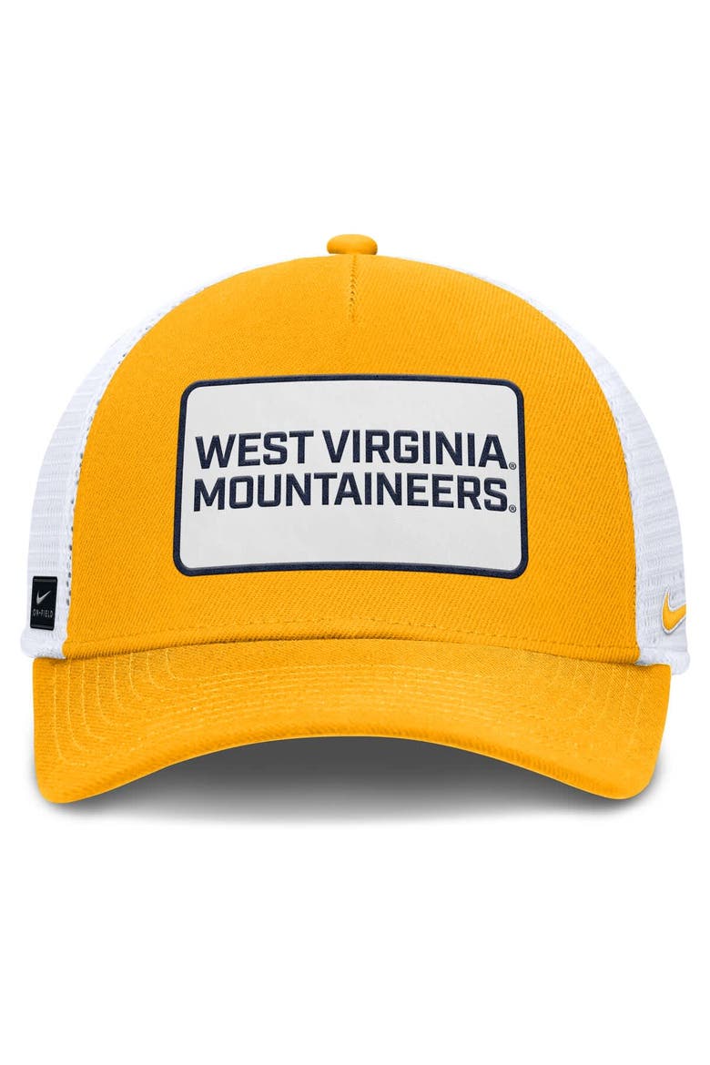 Men's Nike Gold/White West Virginia Mountaineers 2025 On-Field Rise Patch Trucker Adjustable Hat, Alternate, color, Gold