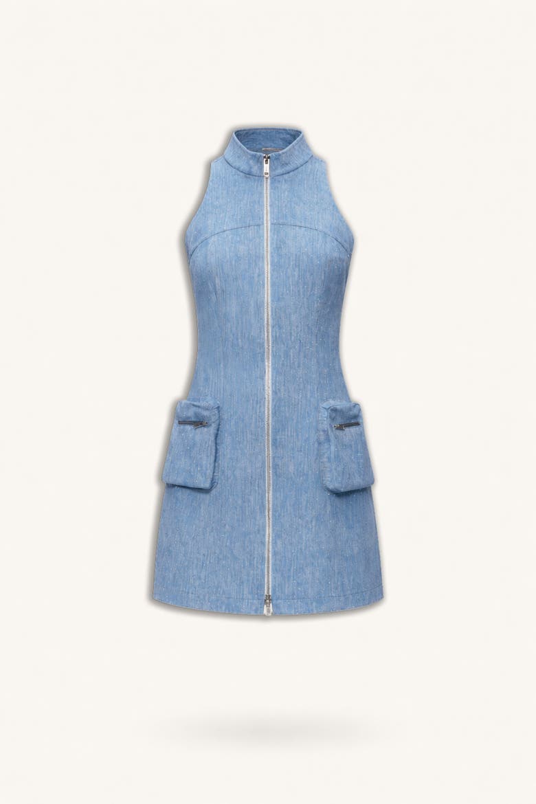 Pocket and Stone Detail Halterneck Mini Dress, Alternate, color, Blue