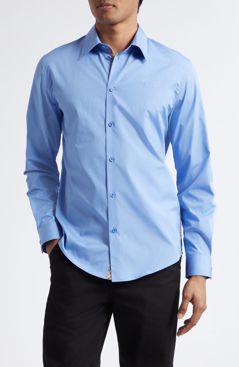 Burberry Sam Equestrian Knight Design Cotton Poplin Button-Up Shirt, Main, color, Cornflower Blue
